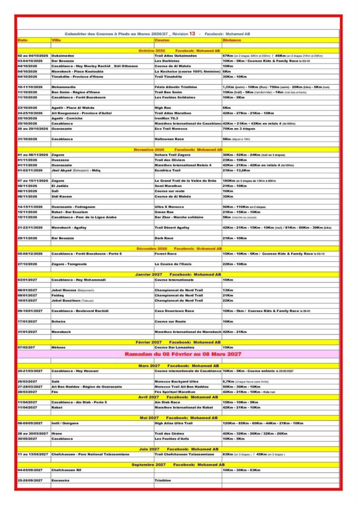 Calendrier des courses à pied au Maroc d’octobre 2026 à septembre 2027